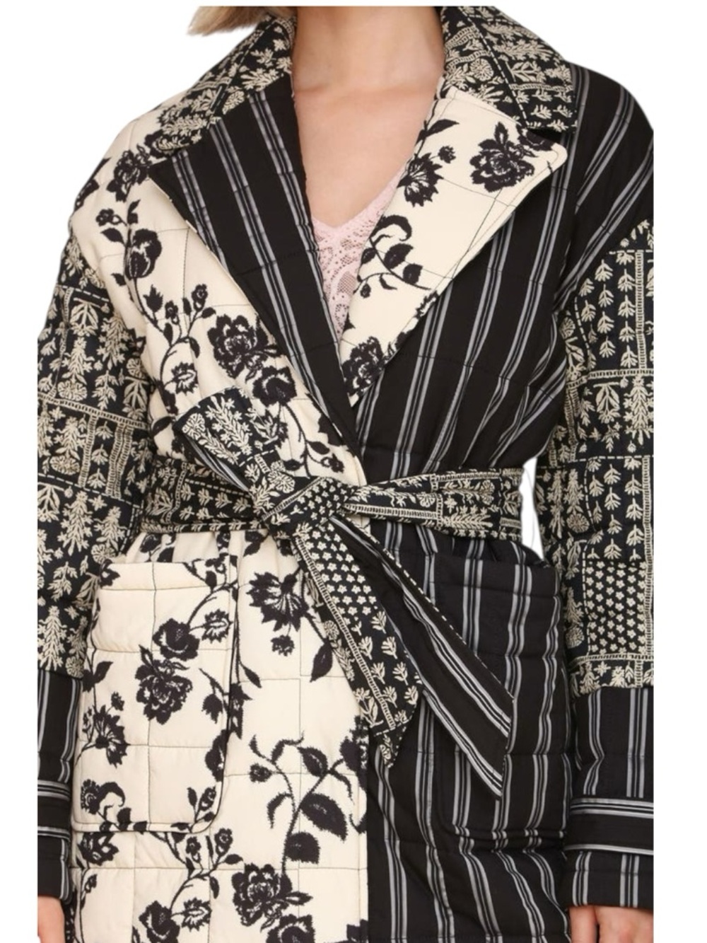Avec Les Filles Quilted Floral Striped Robe Coat Size M - Picture 8 of 9